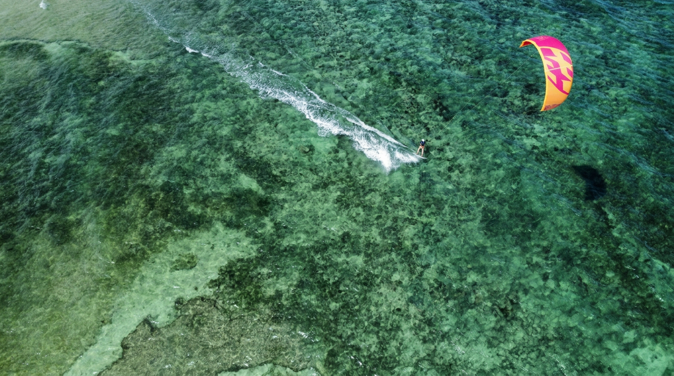 Kiter flying a pink kite over turquoise water in Siquijor at golden hour